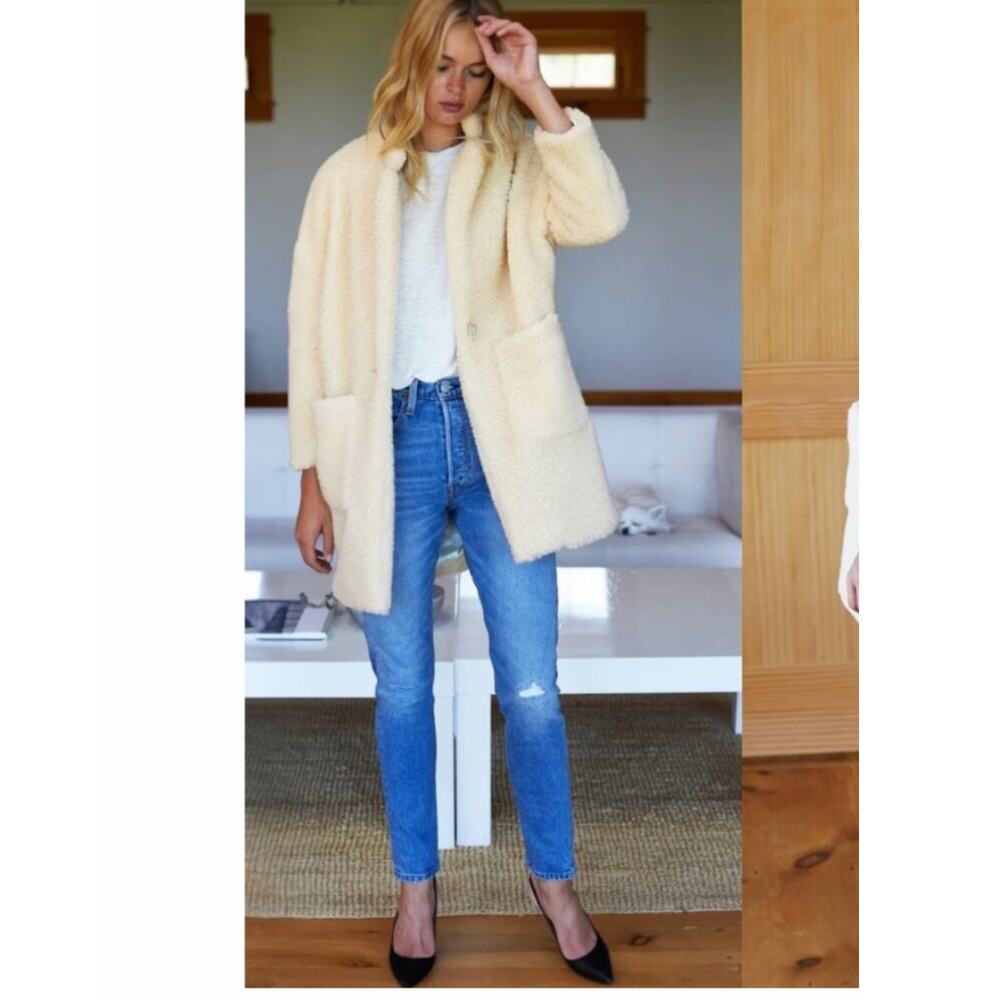 Emerson Fry Teddy Bear Coat Ivory Faux Shearling Penny Lane Oversized Large